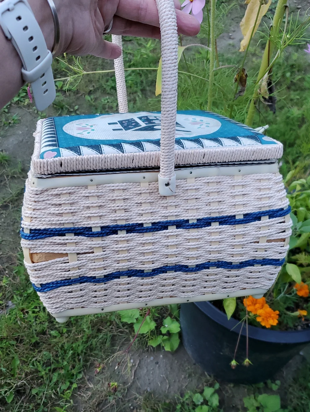 Vintage AZAR Wicker Sewing Basket W Handle 2 Tier Patchwork Vinal Lid Grannycore